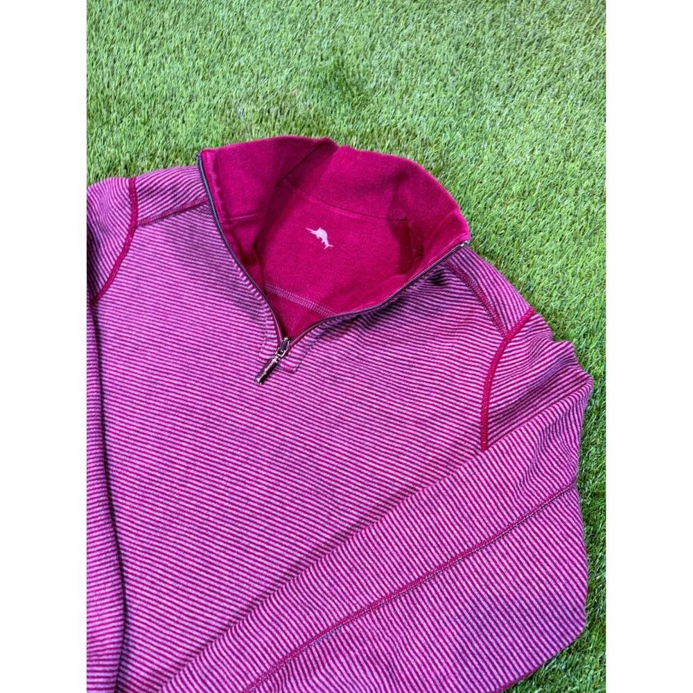 Tommy Bahama Reversible Quarter Zip Pullover Mens Burgundy Red Striped Sweater